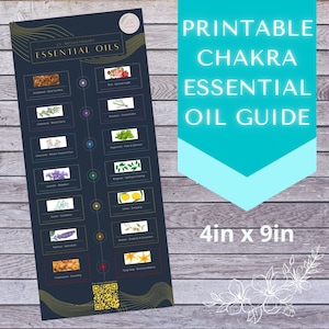 Peut inclure: Guide imprimable sur les huiles essentielles des chakras. Le guide présente un fond bleu foncé avec un motif doré et liste 10 huiles essentielles avec leur chakra et leurs bienfaits correspondants. Le guide mesure 4 pouces par 9 pouces.