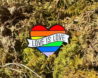 Love is Love LGBTQ Pride Pin | Rainbow Heart Love is Love Equality Pride Pin | LGBTQIA+ | Black Heart Pin for clothing or accessories