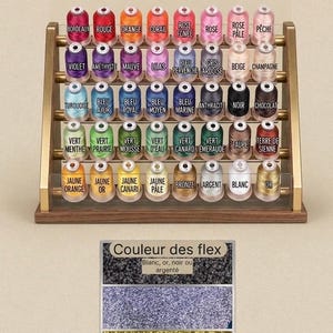 Puede incluir: Un expositor de madera lleno de carretes de hilo de bordar en varios colores, como rojo, naranja, azul, verde y amarillo. El texto superior dice "Elecci&oacute;n de colores del hilo de bordado". Debajo, una carta de colores con colores flex.