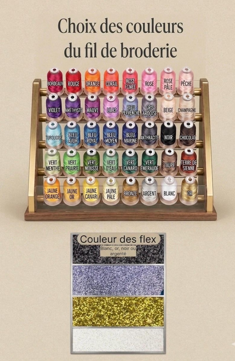 Puede incluir: Un expositor de madera lleno de carretes de hilo de bordar en varios colores, como rojo, naranja, azul, verde y amarillo. El texto superior dice "Elecci&oacute;n de colores del hilo de bordado". Debajo, una carta de colores con colores flex.