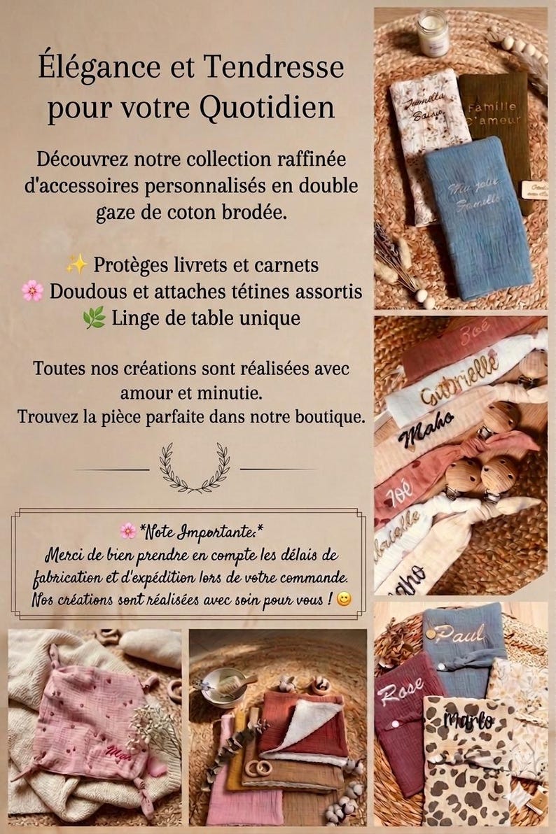 Puede incluir: Colecci&oacute;n de accesorios personalizados, que incluyen art&iacute;culos de gasa de algod&oacute;n bordada. La imagen presenta art&iacute;culos para beb&eacute;s como pinzas para chupetes y baberos, junto con fundas para libros y manteler&iacute;a. El texto dice "Elegancia y Ternura para tu Vida Diaria."