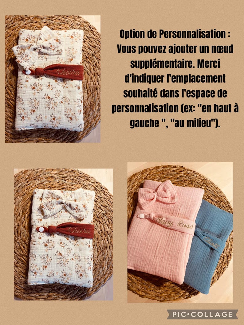 Puede incluir: Un collage de accesorios para beb&eacute;s, que incluye una manta con estampado floral con un lazo a juego y una banda el&aacute;stica roja con el nombre "Kheira". Otros art&iacute;culos incluyen mantas rosas y azules con lazos y bandas personalizadas. Texto en franc&eacute;s.