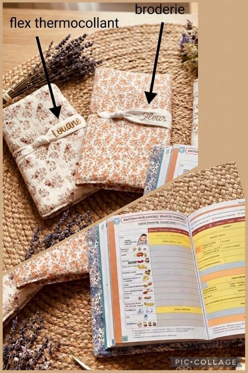 Puede incluir: Se muestran dos cubiertas de libros de tela floral con los nombres bordados "Louane" y "Fleur". Las cubiertas son en tonos crema y melocot&oacute;n, con una cinta de tela a juego. Se ve un libro abierto con p&aacute;ginas coloridas, junto con lavanda seca.