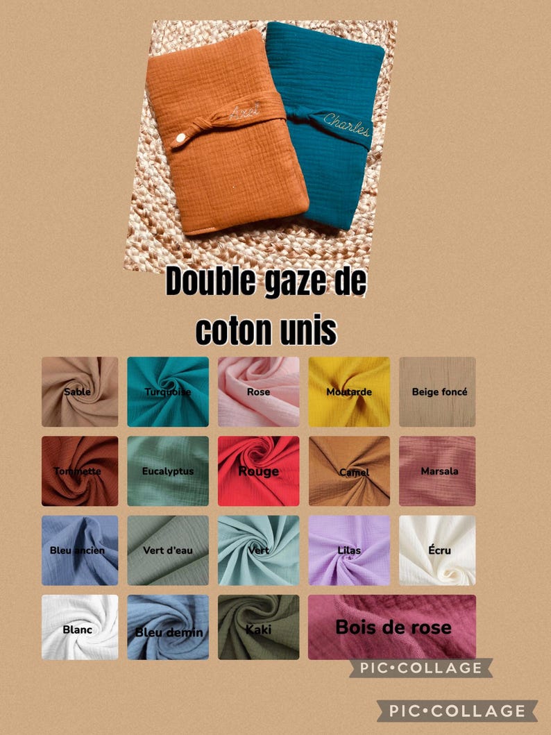 Puede incluir: Se muestran dos mantas de gasa de algod&oacute;n doble, una naranja y otra turquesa. La manta naranja tiene bordado el nombre "Annel", y la manta turquesa tiene bordado el nombre "Charles". La imagen tambi&eacute;n muestra una carta de colores con varios colores de tela.