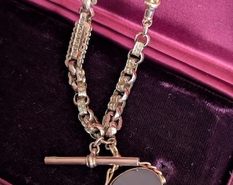 Unique Victorian Fancy Link Watch Chain with Carnelian & Bloodstone Fob with Faceted Dog Clip