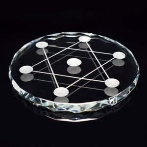 May include: A clear glass circle with a geometric design etched into it. The design features a star with six points and seven small circles.