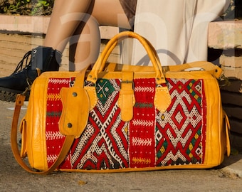 Kilim Travel Bag, Kilim Weekender Bag, Vintage carpet travel bag, kilim leather travel bag for women & men, rug western duffel bag, boho bag