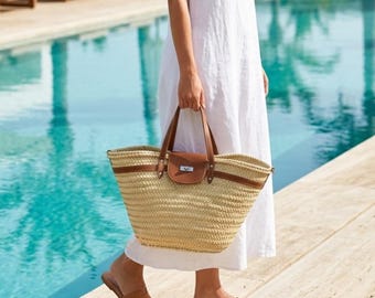 Brown Large Straw Basket Bag with Leather Straps, French Market Basket, Moroccan Palm Tote, Boho Beach Bag, Summer Raffia Tote, Gift for Her