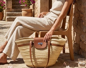 Straw Basket Bag with Leather Straps, French Market Basket, Handmade Moroccan Palm Tote, Boho Beach Bag, Summer Raffia Tote, Gift for Her