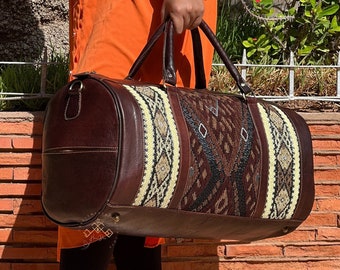 Moroccan kilm Travel Bag, Carpet Leather Duffel Bag, western duffel bag, Handmade Travel weekend bag, Overnight rug Bag, gift for her