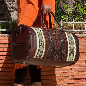 Moroccan kilm Travel Bag, Carpet Leather Duffel Bag, western duffel bag, Handmade Travel weekend bag, Overnight rug Bag, gift for her image 1