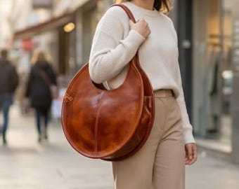 Brown Shoulder Bag, Round Leather Shoulder Bag Women, Oversized Circle Leather Tote, Moroccan Handmade Leather Handbag, Large Round Purse,