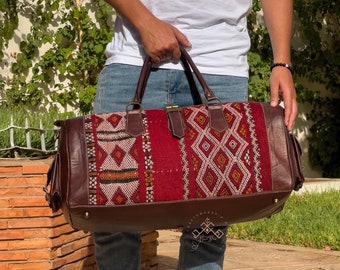 Carpet leather Weekend duffel bag for women & men, Kilim Weekender Bag, Boho leather Weekend Bag, kilim leather travel bag, Kilim Travel Bag