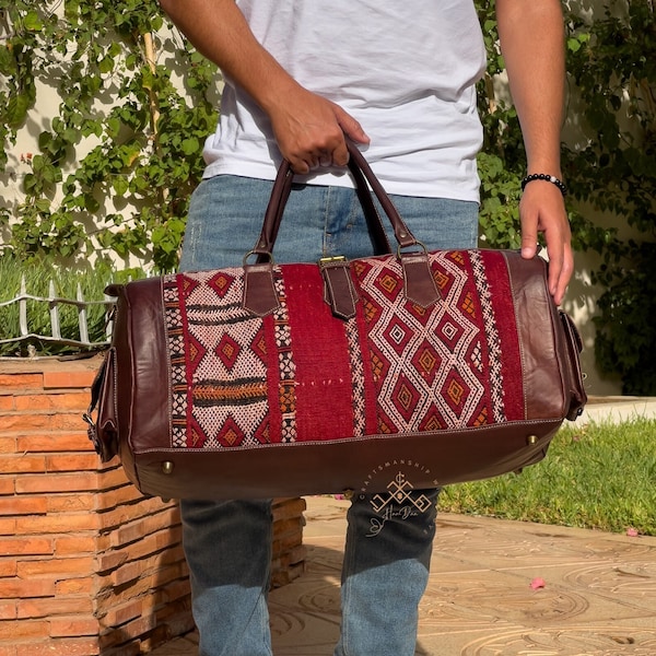 Carpet leather Weekend duffel bag for women & men, Kilim Weekender Bag, Boho leather Weekend Bag, kilim leather travel bag, Kilim Travel Bag