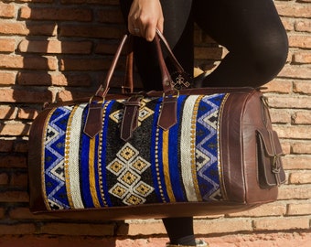 kilim weekender bag, Kilim Travel Bag, Genuine Leather Weekender Bag with Carpet, Bohemian Overnight Bag, Unisex Travel Bag, gift for her