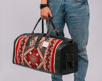 Kilim travel bag, carpet leather duffle bag, Boho Leather Travel Weekend Bag, Vintage Kilim Weekender Bag unisex, western duffel bags