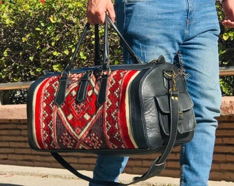 Carpet leather Weekend duffel bag for women & men, Kilim Weekender Bag, Boho leather Weekend Bag, kilim leather travel bag, Kilim Travel Bag