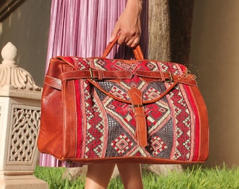 Personalized kilim travel bag, Carpet Leather Weekend Bag, briefcase kilim duffel bag, boho carpet bag, rug duffel bags, Gift for Her