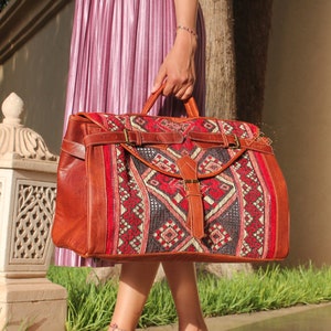 Personalized kilim travel bag, Carpet Leather Weekend Bag, briefcase kilim duffel bag, boho carpet bag, rug duffel bags, Gift for Her Brown