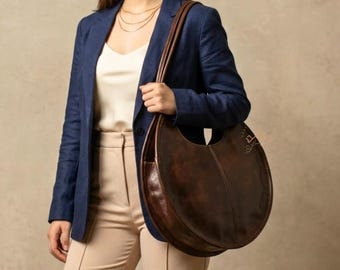 Round Leather Shoulder Bag Women, Oversized Circle Leather Tote, Moroccan Handmade Leather Handbag, Large Round Purse, Brown Shoulder Bag