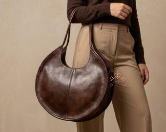 Large Round Leather Tote Bag – Handmade Moroccan Circle Handbag – Oversized Boho Shoulder Bag – Full Grain Leather Purse for Women