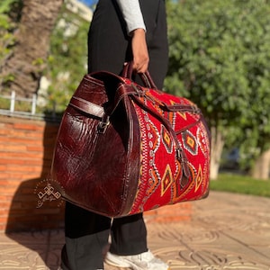Personalized Red kilim travel bag, Red Carpet Leather Weekend Bag, Artisan Kilim Leather Travel Duffel Bag for Women, gift for her