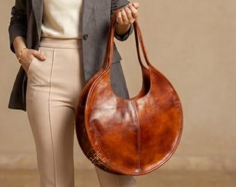 Brown Shoulder Bag, Round Leather Shoulder Bag Women, Oversized Circle Leather Tote, Moroccan Handmade Leather Handbag, Large Round Purse,