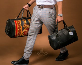 Set of kilim travel bag for women and men, Carpet leather Weekend duffel bag for women & men, Weekender Oversized Style