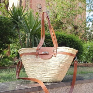 handmade large straw french baskets with leather straps, straw basket bag with leather handles, woven palm leaves basket with black handle image 2