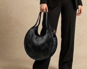 Black Shoulder Bag, Round Leather Shoulder Bag Women, Oversized Circle Leather Tote, Moroccan Handmade Leather Handbag, Large Round Purse,