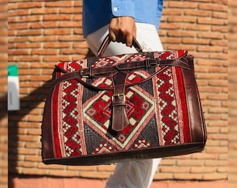 Personalized kilim travel bag, Carpet Leather Weekend Bag, briefcase kilim duffel bag, boho carpet bag, rug duffel bags, Vintage Carpet bags