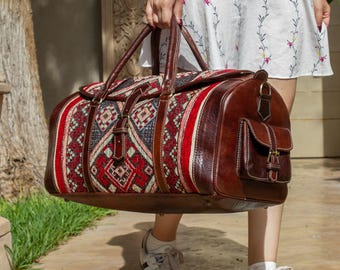 Personalized Weekender Bag, Handmade Leather Duffel Bag, Moroccan Carpet Travel Bag, Carry On Overnight Bag, Gift for Women & Men