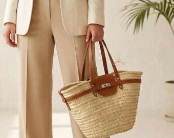 Brown Large Straw Basket Bag with Leather Straps, French Market Basket, Moroccan Palm Tote, Boho Beach Bag, Summer Raffia Tote, Gift for Her