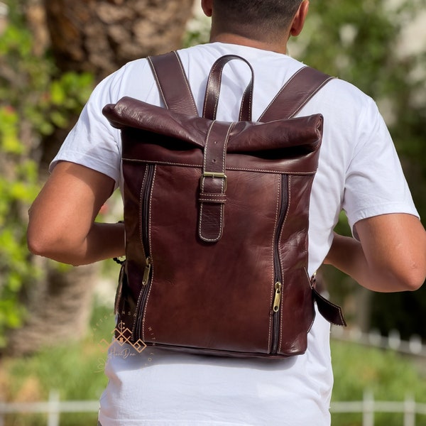 Roll top leather backpack for men & women, Handmade backpack back to school, School college bag, Trekking backpack, roll top backpack