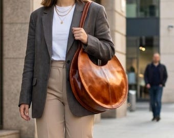 Personalized Soft large round leather shoulder bag, Circle Handbag for Women, Moroccan Oversize Shoulder Circle leather bag, Gift for her