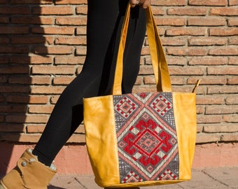 Kilim Tote Leather Bag | Handmade Leather carpet Shoulder Bag | Vintage Stylish leather Handbag & Perfect Gift for Her