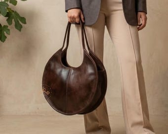Personalized Soft large round leather shoulder bag, Circle Handbag for Women, Moroccan Oversize Shoulder Circle leather bag, Gift for her
