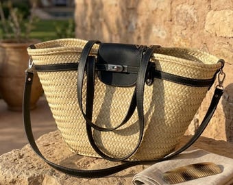 Large Straw Basket Bag with Leather Straps, French Market Basket, Handmade Moroccan Palm Tote, Beach Bag, Summer Raffia Tote, Gift for Her