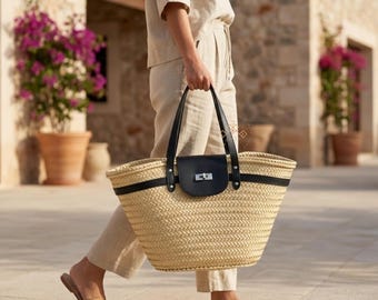 Large Straw Basket Bag with Leather Straps, French Market Basket, Moroccan Palm Tote, Boho Beach Bag, Summer Raffia Tote, Gift for Her