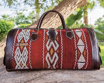 moroccan carpet travel bag for women kilim bag boho carpet bag vintage kilim leather weekender handmade travel bag bridesmaid Gift for Her