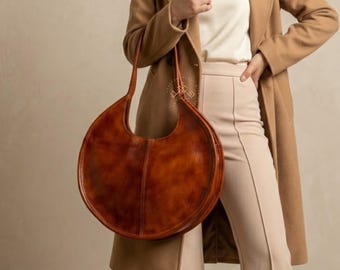 Personalized Genuine Leather Original Round Leather Shoulder Bag, Circle Handbag For Women, Oversize Shoulder Circle Leather Bag