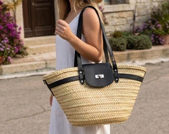 Straw Basket Bag with Leather Straps, French Market Basket, Handmade Moroccan Palm Tote, Boho Beach Bag, Summer Raffia Tote, Gift for Her