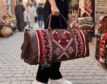 Moroccan Kilim Travel Bag, Handmade Leather Weekender Duffel, Boho Carry On Bag, Tribal Carpet Overnight Bag, Large Travel Luggage Gift