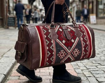Handmade Moroccan Kilim Leather Travel Bag, Large Boho Weekender Duffel Bag, Carry On Overnight Bag, Carpet Leather Luggage