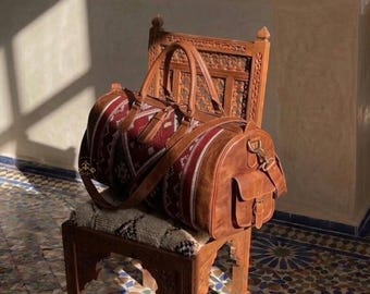 Personalized Handmade Moroccan Travel Bag, Boho Leather Duffel Bag, Kilim Weekender Bag, Carry On Overnight Bag, Tribal Travel Luggage