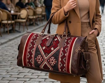 Personalized Handmade Moroccan Travel Bag, Boho Leather Duffel Bag, Kilim Weekender Bag, Carry On Overnight Bag, Tribal Travel Luggage