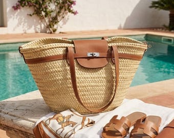 Brown Large Straw Basket Bag with Leather Straps, French Market Basket, Moroccan Palm Tote, Boho Beach Bag, Summer Raffia Tote, Gift for Her