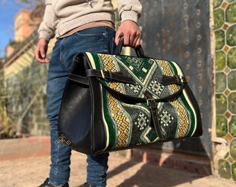 Personalized kilim travel bag, Green Carpet Leather Weekend Bag, briefcase kilim duffel bag, boho carpet bag, Carpet bags, gift for her