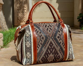 Personalized Leather Kilim Travel Bag, Handmade Moroccan Carpet Duffel Bag, Weekender Carry On Bag, Gift for Women & Men,
