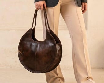 Moroccan Shoulder Bag, Round Leather Shoulder Bag Women, Oversized Circle Leather Tote, Handmade Brown Leather Handbag, Large Round Purse,
